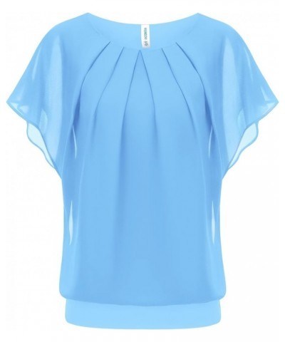 Women's Casual Flouncing Short Sleeve Pleated Front Loose Chiffon Blouse Top Light Blue $10.00 Blouses