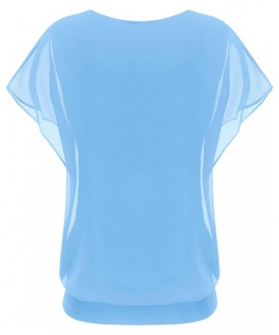 Women's Casual Flouncing Short Sleeve Pleated Front Loose Chiffon Blouse Top Light Blue $10.00 Blouses