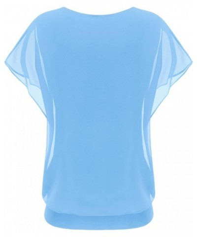 Women's Casual Flouncing Short Sleeve Pleated Front Loose Chiffon Blouse Top Light Blue $10.00 Blouses