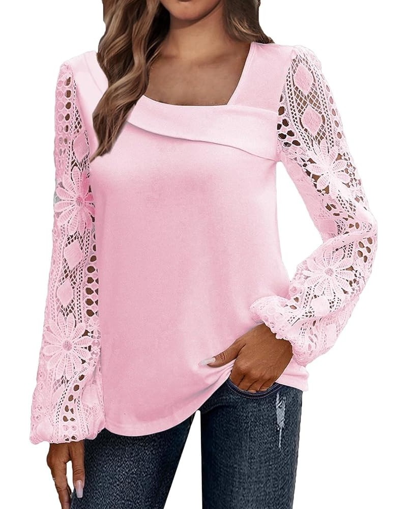 Lace Tops for Women Lightweight Solid Color Long Sleeve Loose Fit Going Out Top Tunics Tops to Wear with Leggings 01-pink $8....