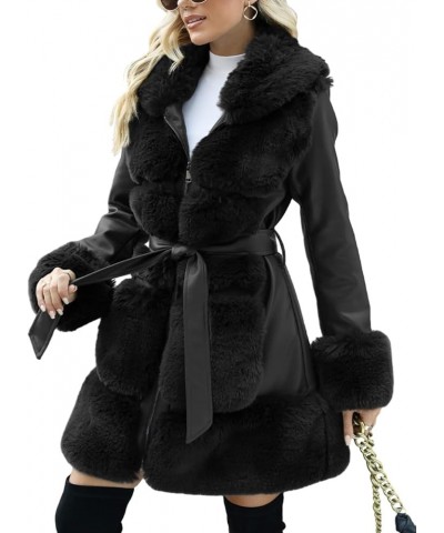 Women's Wool Pea Coat Faux Fur Jacket Winter Warm Parka Overcoat with Belt Black Leather Mid Length $40.00 Coats