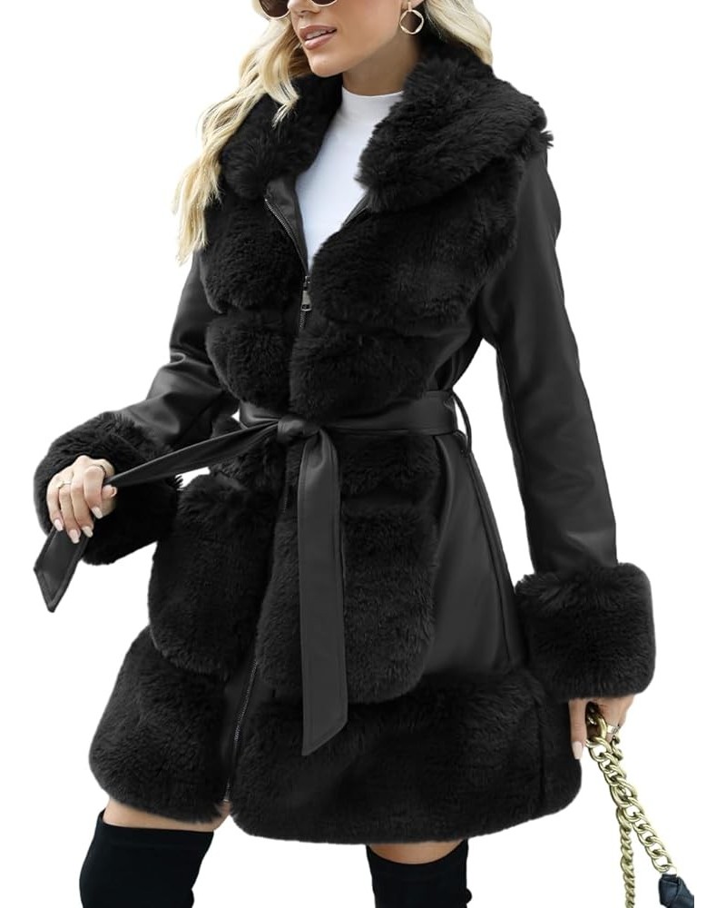 Women's Wool Pea Coat Faux Fur Jacket Winter Warm Parka Overcoat with Belt Black Leather Mid Length $40.00 Coats