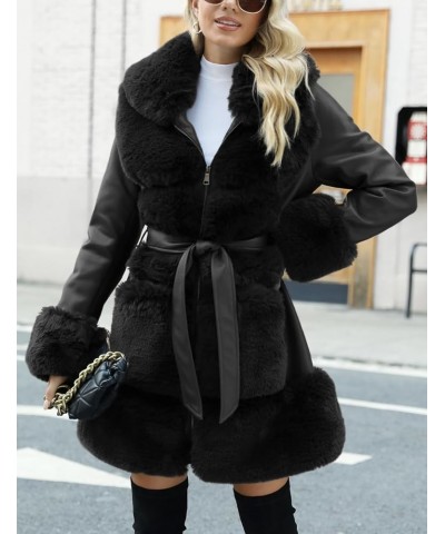 Women's Wool Pea Coat Faux Fur Jacket Winter Warm Parka Overcoat with Belt Black Leather Mid Length $40.00 Coats