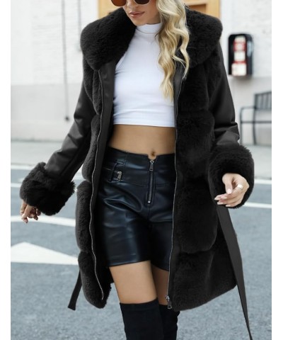 Women's Wool Pea Coat Faux Fur Jacket Winter Warm Parka Overcoat with Belt Black Leather Mid Length $40.00 Coats