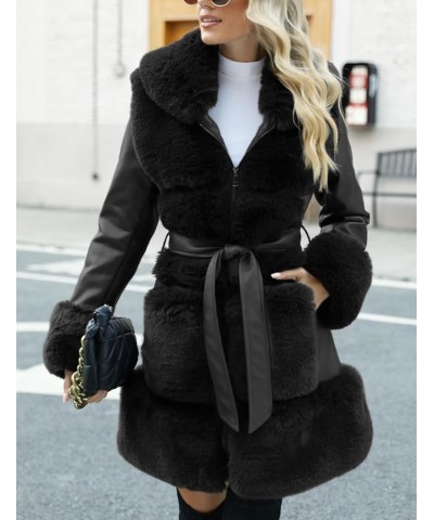 Women's Wool Pea Coat Faux Fur Jacket Winter Warm Parka Overcoat with Belt Black Leather Mid Length $40.00 Coats