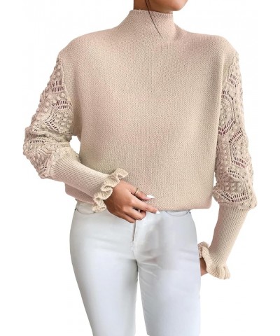 Women's Mock Neck Long Flare Sleeve Sweater Crochet Hollow Out Pullover Sweater Top Apricot $24.74 Sweaters