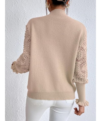 Women's Mock Neck Long Flare Sleeve Sweater Crochet Hollow Out Pullover Sweater Top Apricot $24.74 Sweaters