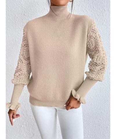 Women's Mock Neck Long Flare Sleeve Sweater Crochet Hollow Out Pullover Sweater Top Apricot $24.74 Sweaters