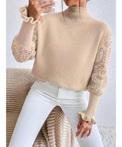 Women's Mock Neck Long Flare Sleeve Sweater Crochet Hollow Out Pullover Sweater Top Apricot $24.74 Sweaters