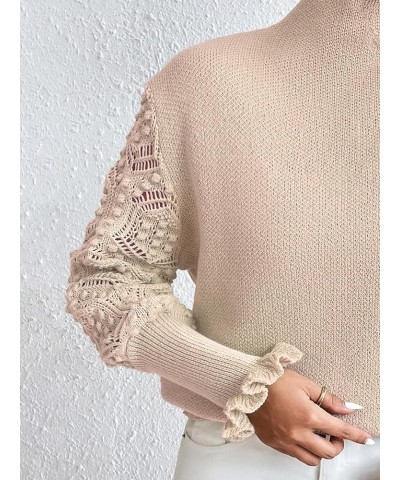 Women's Mock Neck Long Flare Sleeve Sweater Crochet Hollow Out Pullover Sweater Top Apricot $24.74 Sweaters