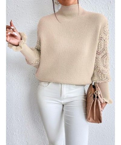 Women's Mock Neck Long Flare Sleeve Sweater Crochet Hollow Out Pullover Sweater Top Apricot $24.74 Sweaters