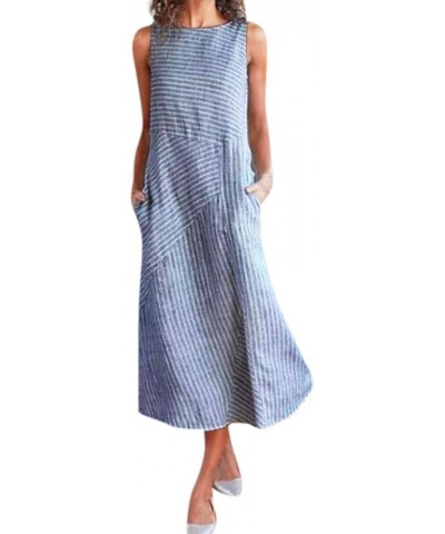 Women's Summer Maxi Dress Solid Sleeveless V Neck Button Down with Pockets Swing Flowy Sundress Print Casual Dresses 21-blue ...