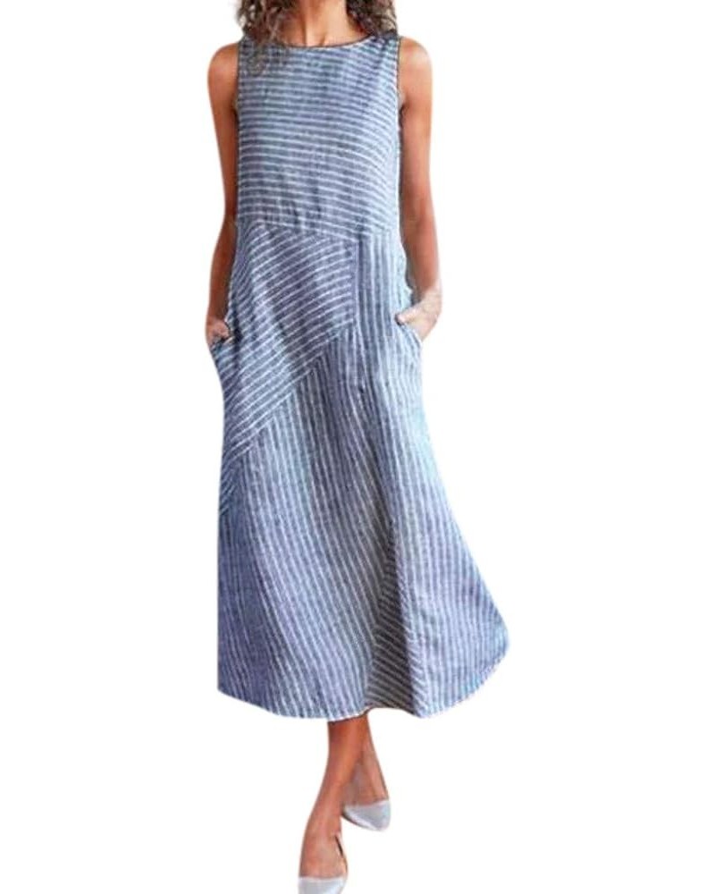 Women's Summer Maxi Dress Solid Sleeveless V Neck Button Down with Pockets Swing Flowy Sundress Print Casual Dresses 21-blue ...