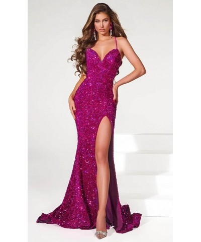 Sequin Prom Dresses for Women Long Mermaid Spaghetti Straps Backless Formal Evening Gowns with Slit Navy $29.00 Dresses