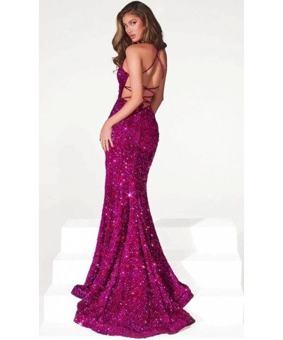 Sequin Prom Dresses for Women Long Mermaid Spaghetti Straps Backless Formal Evening Gowns with Slit Navy $29.00 Dresses