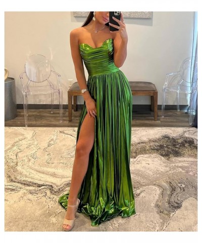 Satin Prom Dresses Long 2024 Pleated with Slit Strapless Empire Waist Evening Party Dress for Women Navy Blue $38.24 Dresses