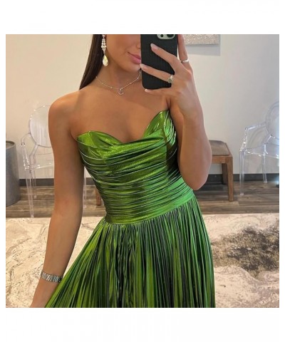 Satin Prom Dresses Long 2024 Pleated with Slit Strapless Empire Waist Evening Party Dress for Women Navy Blue $38.24 Dresses