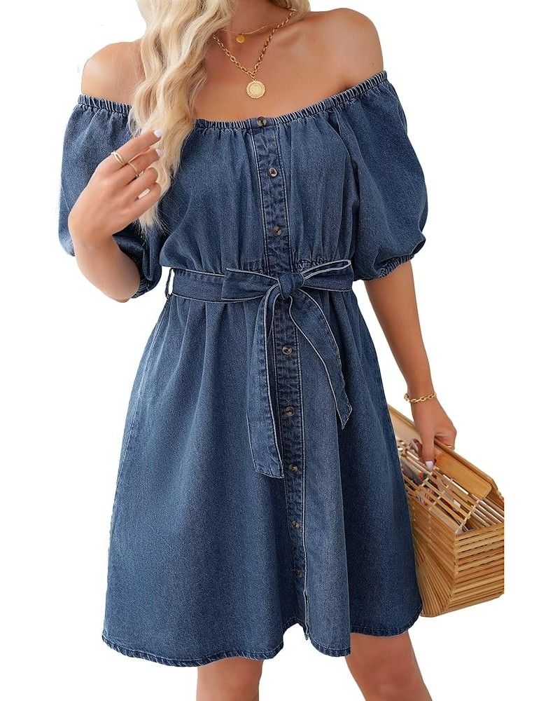 Denim Dress for Women Off The Shoulder Dresses Puff Sleeve Elastic Waist A Line Short Western Jean Dress Belted Medium Blue $...