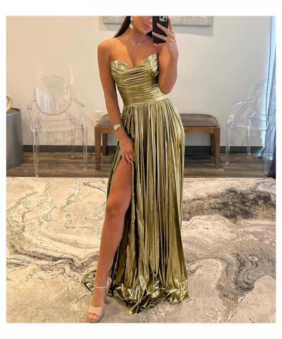 Satin Prom Dresses Long 2024 Pleated with Slit Strapless Empire Waist Evening Party Dress for Women Navy Blue $38.24 Dresses