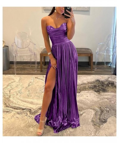 Satin Prom Dresses Long 2024 Pleated with Slit Strapless Empire Waist Evening Party Dress for Women Navy Blue $38.24 Dresses