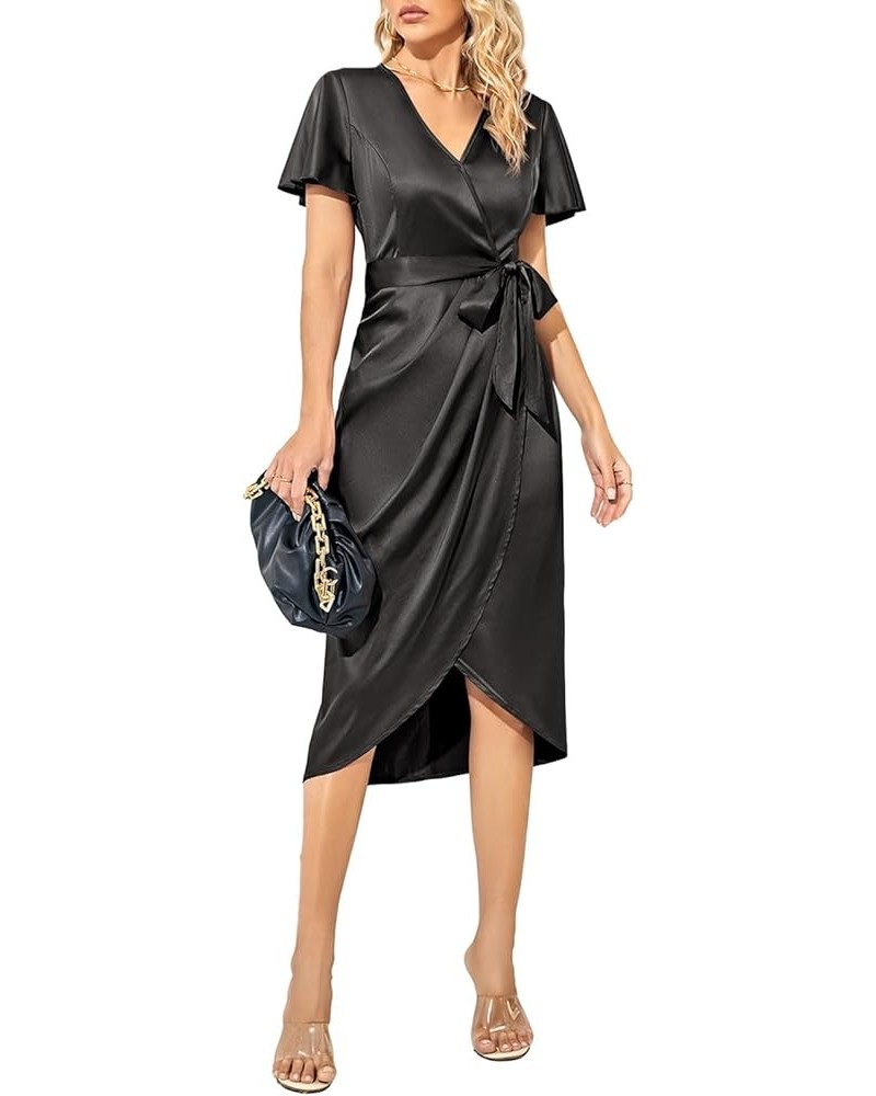 Women's Satin Wrap V Neck Party Cocktail Dresses Short Sleeve Zipper Tie Waist Midi Dress Black $11.00 Dresses