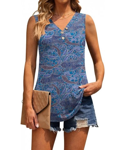 Womens 2023 Tank Top V Neck Sleeveless Summer Casual Basic Shirts Loose Fit Tunic Cashew Flower Blue $8.99 Tanks