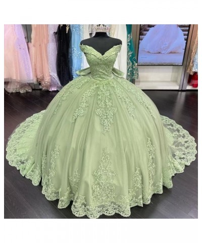 Women's Off Shoulder Quinceanera Dresses Puffy Tulle Prom Dresses with Train Lace Beaded Long Ball Gown for Sweet 15 16 Dusty...