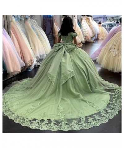 Women's Off Shoulder Quinceanera Dresses Puffy Tulle Prom Dresses with Train Lace Beaded Long Ball Gown for Sweet 15 16 Dusty...