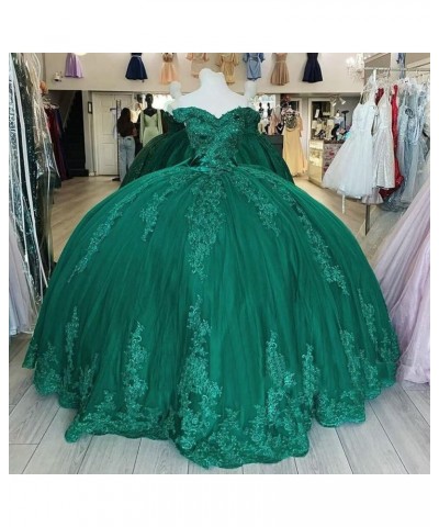 Women's Off Shoulder Quinceanera Dresses Puffy Tulle Prom Dresses with Train Lace Beaded Long Ball Gown for Sweet 15 16 Dusty...