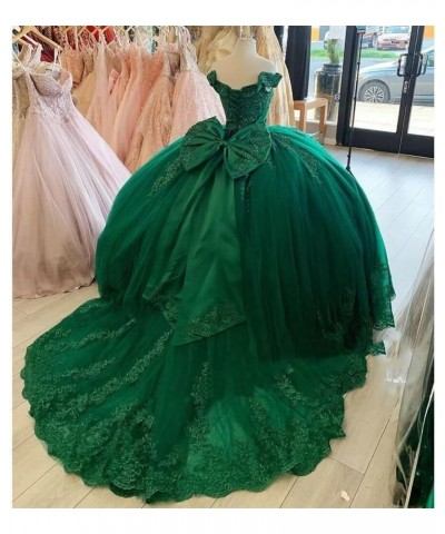 Women's Off Shoulder Quinceanera Dresses Puffy Tulle Prom Dresses with Train Lace Beaded Long Ball Gown for Sweet 15 16 Dusty...