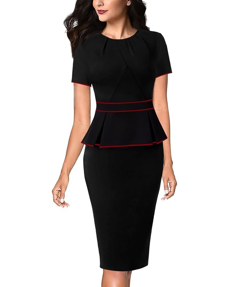 Womens Pleated Crew Neck Peplum Work Office Business Bodycon Sheath Dress Black With Red Piping-4 $22.09 Dresses