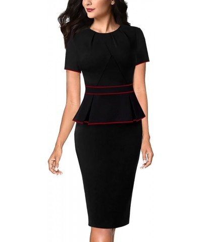 Womens Pleated Crew Neck Peplum Work Office Business Bodycon Sheath Dress Black With Red Piping-4 $22.09 Dresses