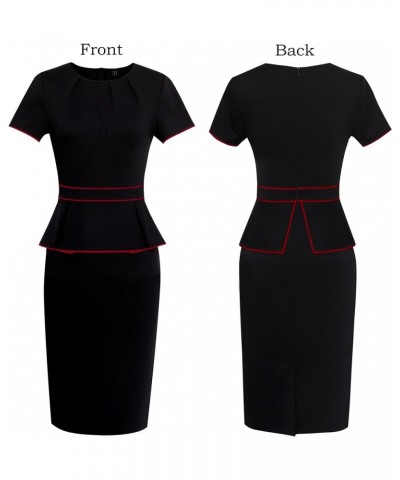 Womens Pleated Crew Neck Peplum Work Office Business Bodycon Sheath Dress Black With Red Piping-4 $22.09 Dresses