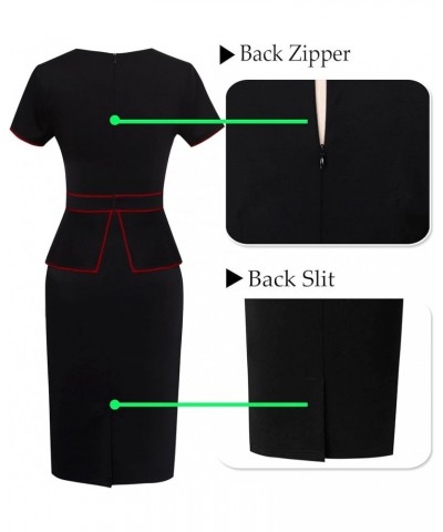 Womens Pleated Crew Neck Peplum Work Office Business Bodycon Sheath Dress Black With Red Piping-4 $22.09 Dresses