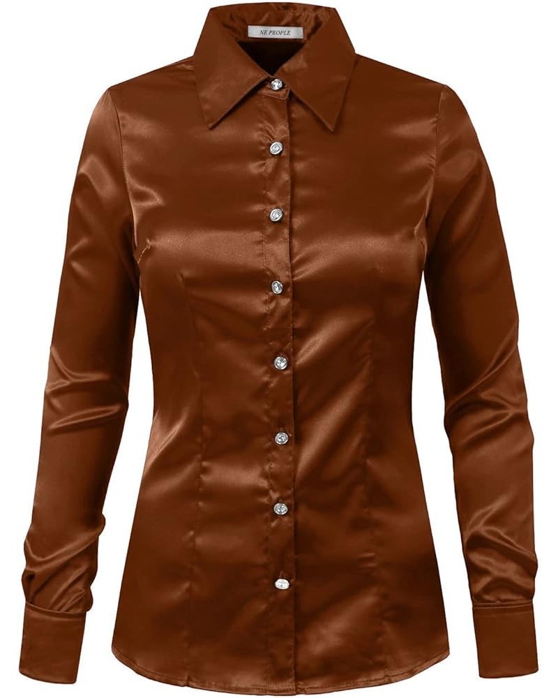 Womens Light Weight Long Cuff Sleeve Button Down Satin Shirt (S-3XL) Brown $14.49 Blouses