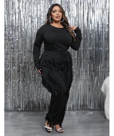 Women Plus Size 2 Piece Outfits Fringe Tassel Long Pants Set Sleeveless Tank Tops Clubwear A-black $28.79 Activewear