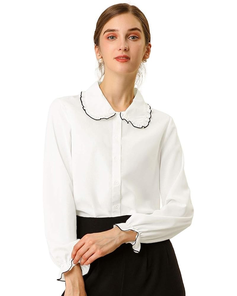 Women's Sweet Ruffle Peter Pan Collar Spring Summer Long Sleeves Button Up Shirt White $13.80 Blouses