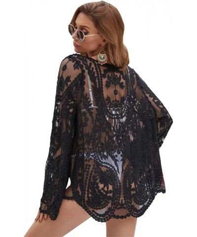 Womens Casual Kimono Long Sleeve Cover Up Crochet Lace Cardigan Black $17.04 Sweaters