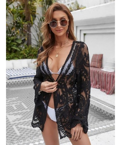 Womens Casual Kimono Long Sleeve Cover Up Crochet Lace Cardigan Black $17.04 Sweaters