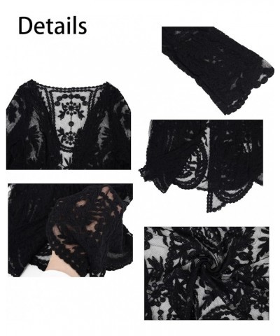 Womens Casual Kimono Long Sleeve Cover Up Crochet Lace Cardigan Black $17.04 Sweaters