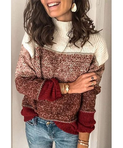 Women's Sweaters Casual Long Sleeve Crewneck Color Block Patchwork Pullover Knit Sweater Tops 2090 Wine Red $20.64 Sweaters