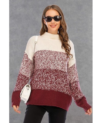 Women's Sweaters Casual Long Sleeve Crewneck Color Block Patchwork Pullover Knit Sweater Tops 2090 Wine Red $20.64 Sweaters