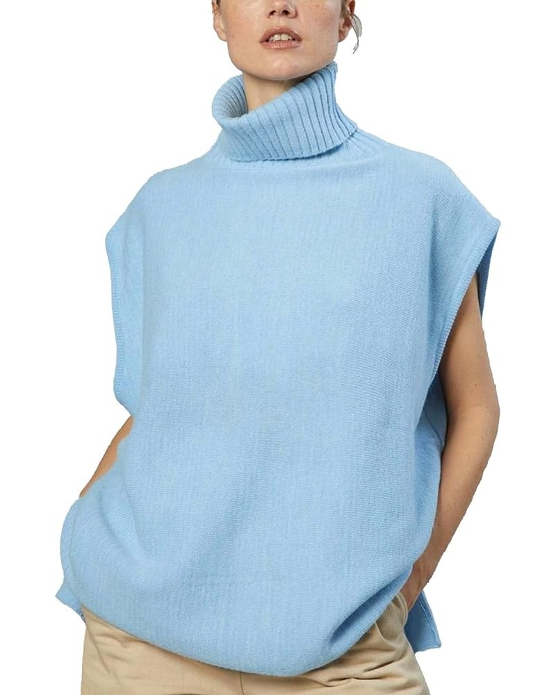 Women's Turtleneck Sweater Vest Sleeveless Cape Sleeve High Neck Wide Shoulder Tank Top Knitted Pullover Jumpers Light Blue $...