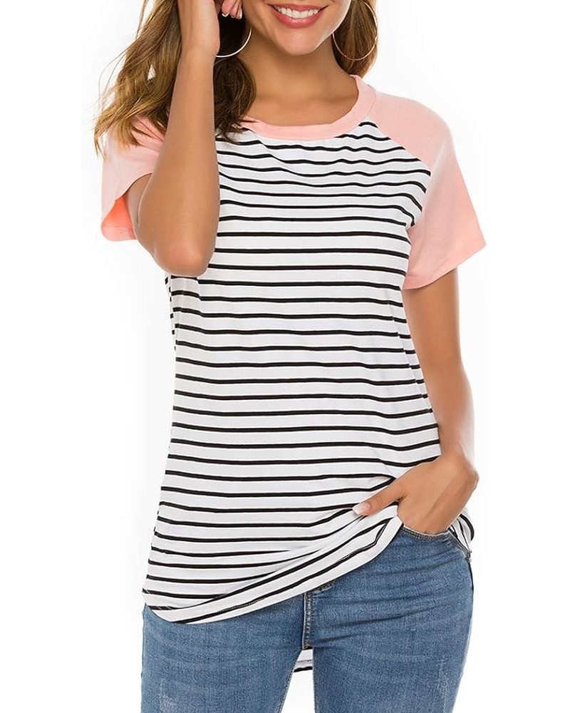 Women's Raglan Short Sleeve Striped T Shirt Baseball Tunic Tops Blouses Pink $10.39 T-Shirts