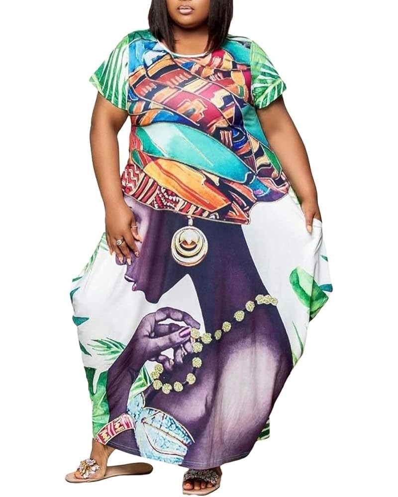 Plus Size Maxi Dress Black Women African Print Short Sleeve Loose Pocket Oversize Long Dresses 66-green $20.00 Dresses