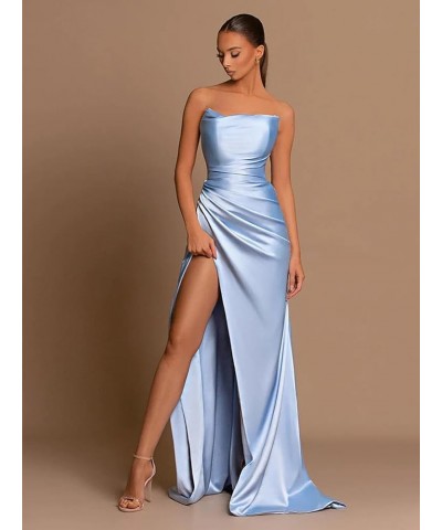 Satin Mermaid Prom Dress with Slit Strapless Long Bridesmaid Dresses for Women Pleated Formal Evening Gowns Royal Blue $26.40...