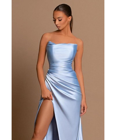 Satin Mermaid Prom Dress with Slit Strapless Long Bridesmaid Dresses for Women Pleated Formal Evening Gowns Royal Blue $26.40...