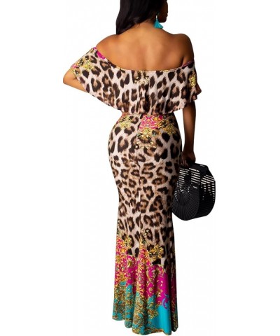 Women Sexy Off Shoulder Ruffle Bodycon Maxi Dresses Elegant Ruched Evening Long Gown Prom Party Dress with Belt 1-9347leopard...