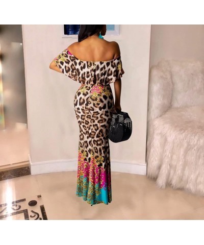 Women Sexy Off Shoulder Ruffle Bodycon Maxi Dresses Elegant Ruched Evening Long Gown Prom Party Dress with Belt 1-9347leopard...