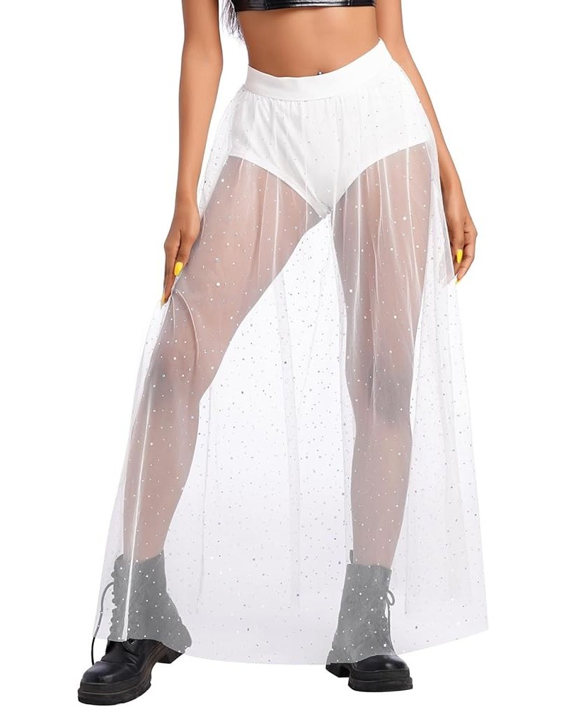 Women Sheer Mesh 2 in 1 Long Sparkly Sequins Tulle Skirt High Waist Sexy Galaxy See Through Festival Maxi Skirts White Sequin...